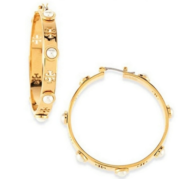 Tory Burch Jewelry - Sale! Tory Burch- Pierced-T Pearl Hoop Earrings